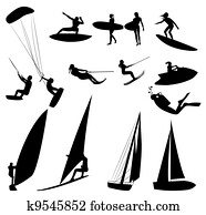 Silhouettes of water sports