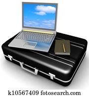 silvery laptop and notepad with pen on black case isolated on white background