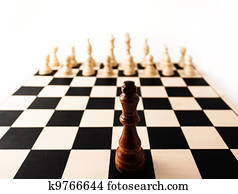 Single chess piece the King standing up against many of his enemies.