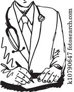 Sketch of Medical doctor with stethoscope sitting at a desk in his office and writing recipe. Vector illustration