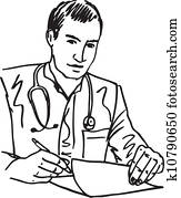 Sketch of Medical doctor with stethoscope sitting at a desk in his office and writing recipe. Vector illustration