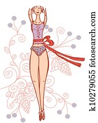 Slim girl with tape measure and floral patters Slim girl with tape measure and floral patters