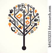social, red, árbol, con, medios, iconos