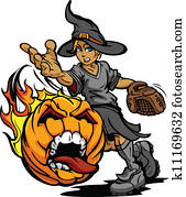Softball Tournament Art of a Flaming Screaming Halloween Pumpkin Thrown by Fast Pitch Softball Pitcher Face wearing a witch Costume Softball Tournament Art of a Flaming Screaming Halloween Pumpkin Thrown by Fast Pitch Softball Pitcher Face wearing a witch Costume