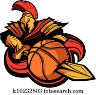 Spartan, basquetebol, mascote, corporal, com, espada, e, bola, vetorial, Illust