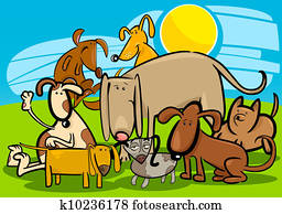 spotprent, groep, van, gekke, honden