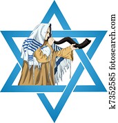Star Of David Rabbi With Talit Blows The Shofar Star Of David Rabbi With Talit Blows The Shofar