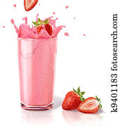 Strawberries splashing into a milkshake glass, with two straberries on the floor. On white background and reflection on surface. Strawberries splashing into a milkshake glass, with two straberries on the floor. On white background and reflection on surface.