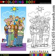 szczęśliwy, nastolatki, grupa, dla, kolorowanie