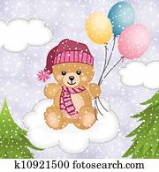 teddy bear flying with balloons