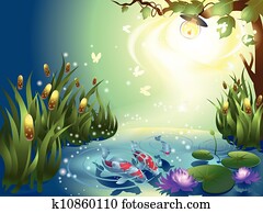 teich, mit, fische, an, dass, nacht teich, mit, fische, an, dass, nacht
