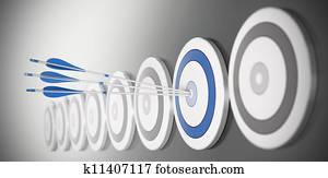 three arrows hitting the center of a blue target, there is many targets in a row with blur effect three arrows hitting the center of a blue target, there is many targets in a row with blur effect