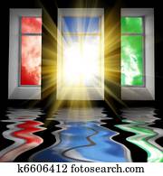 Three windows with sun