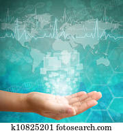 Touch screen interface on Woman hand ,background medical Touch screen interface on Woman hand ,background medical