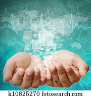 Touch screen interface on Woman hand, background medical