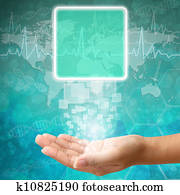 Touch screen interface on Woman hand ,background medical Touch screen interface on Woman hand ,background medical