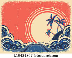 Tropical island with palms. Vector grunge illustration on old paper Tropical island with palms. Vector grunge illustration on old paper