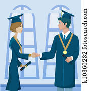 Two students in graduation cap and gown holding diplomas and shaking hands Two students in graduation cap and gown holding diplomas and shaking hands