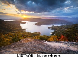 upstate, carolina sul, folhagem baixa, lago, Jocassee, panorâmico, outono, pôr do sol, paisagem, fotografia