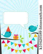 Vector birthday party card with cute birds on trees Vector birthday party card with cute birds on trees