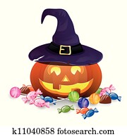 vektor, halloweenkuerbis, mit, sü?igkeiten vektor, halloweenkuerbis, mit, sü?igkeiten