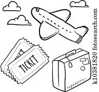 viagem ar, objetos, esboço