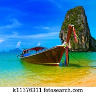 viagem, paisagem, praia, com, água azul, e, céu, em, verão, Thail