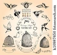 vindima, pássaros, abelhas, e, bandeiras