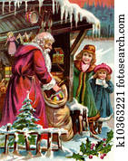 Vintage Christmas card of Santa Claus delivering gifts to two girls Vintage Christmas card of Santa Claus delivering gifts to two girls