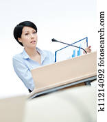 vrouw, presentator, op, het bord