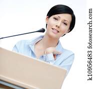 vrouw, spreker, op, de, podium
