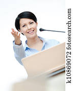 vrouw, toespraak, maker, op, het bord