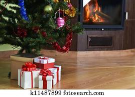 Weihnachten, kaminofen, herd, mit, kranz, und, strümpfe Stock Foto