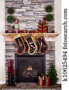 Weihnachten, kaminofen, herd, mit, kranz, und, strümpfe Stock Foto