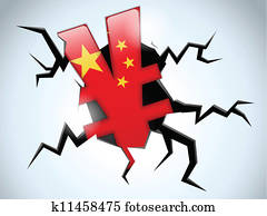 yuan, yen, dinero, crisis, bandera de china, grieta, sobre el piso