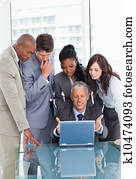 älter, manager, stolz, ausstellung, dass, edv schirm, to, seine, team