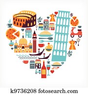 איטליה, אהוב, -, צורה של לב, עם, וקטור, איקונים