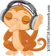 חמוד, קטן, קוף, להקשיב, מוסיקה