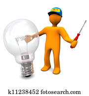 חשמלאי, עם, נורת חשמל