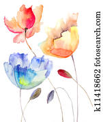 יפה, קיץ, flowers,, וואטארכולור, דוגמה