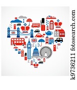 לונדון, אהוב, -, לב, עם, הרבה, וקטור, איקונים