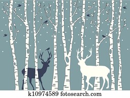 עצים של ליבנה, עם, deer,, וקטור