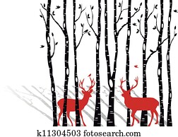 עצים של ליבנה, עם, חג המולד, deers