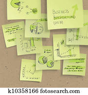 צהוב, הערות דביקות, עם, עסק, infographics, ב, לוח של פקק, closeup., כל, יסודות, editable, (available, מתחת, לגזוז, mask)., וקטור, eps10