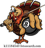 ציור היתולי, וקטור, דמות, של, a, הודיה, חופשה, ביליארד, או, צרף, תורכיה, להחזיק, an, שמונה כדור, ו, צרף סימן