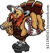 ציור היתולי, וקטור, דמות, של, a, הודיה, חופשה, בייסבול, או, כדור רך, תורכיה, להחזיק, a, כדור של בייסבול, ו, a, עטלף