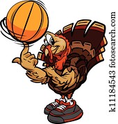 ציור היתולי, וקטור, דמות, של, a, הודיה, חופשה, כדורגל, תורכיה, להסתבב, a, כדור של כדור הסל, ב, שלו, אצבע