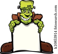 ציור היתולי, וקטור, דמות, של, a, שמח, הלוווין, מפלצת, פרנקנשטיין, הובל, להחזיק סימן