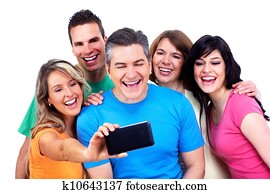 קבץ, של, שמח, אנשים, עם, a, smartphone.