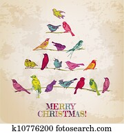 ראטרו, כרטיס של חג ההמולד, -, צפרים, ב, עץ של חג ההמולד, -, ל, invitation,, איחול, ב, וקטור